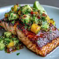 Baked salmon with mango avocado salsa, golden and flaky, topped with vibrant tropical fruit salsa.