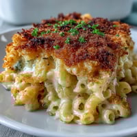 Creamy Mac and Cheese Bake with golden panko topping and bubbling cheddar sauce in a baking dish.
