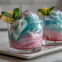 Whimsical Cotton Candy Lemonade Float with vanilla ice cream, topped with fresh mint and lemon slices.