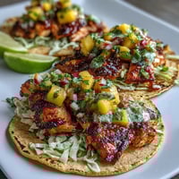 Grilled salmon tacos with mango salsa feature flaky fish and a colorful fruit topping for a fresh, zesty meal.