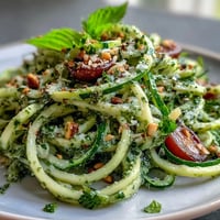 Fresh zucchini noodles tossed with vibrant basil pesto and juicy cherry tomatoes, creating a light and refreshing vegetarian meal.  