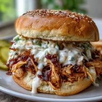 Juicy smoked pulled chicken sandwiches with creamy white BBQ sauce, a Southern delight.