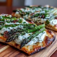 Roasted asparagus flatbread with burrata, topped with lemon zest and basil.