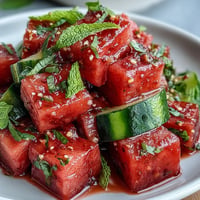 Refreshing watermelon cucumber salad with Tajin and lime, bursting with vibrant flavors.