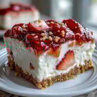 Strawberry cheesecake bars with creamy filling and fresh strawberry topping on a graham cracker crust. A no-bake dessert perfect for summer gatherings.