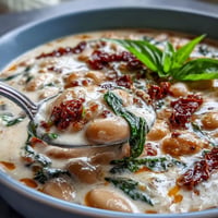 Creamy Tuscan White Bean Soup with spinach and sun-dried tomatoes in a rustic white bowl, garnished with fresh basil.  