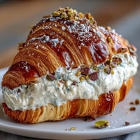 Flaky croissant filled with rich, sweet pistachio cream and topped with chopped pistachios, perfect for brunch or a gourmet snack.