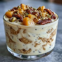 A creamy bowl of mango lassi overnight oats topped with fresh mango chunks and a sprinkle of cardamom.