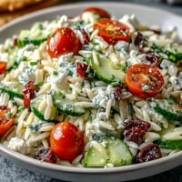 Vibrant Summer Orzo Salad with Feta and Lemon brightened with fresh vegetables.